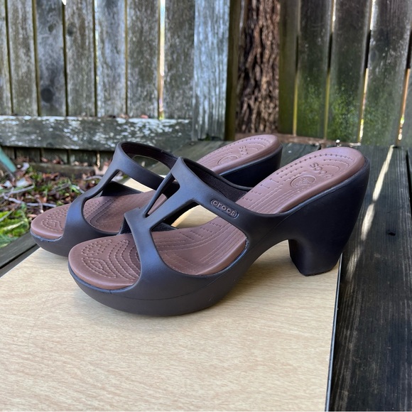 CROCS Cyprus II Espresso Brown Open Toe Slip On Heels Sz 9 - Picture 11 of 12